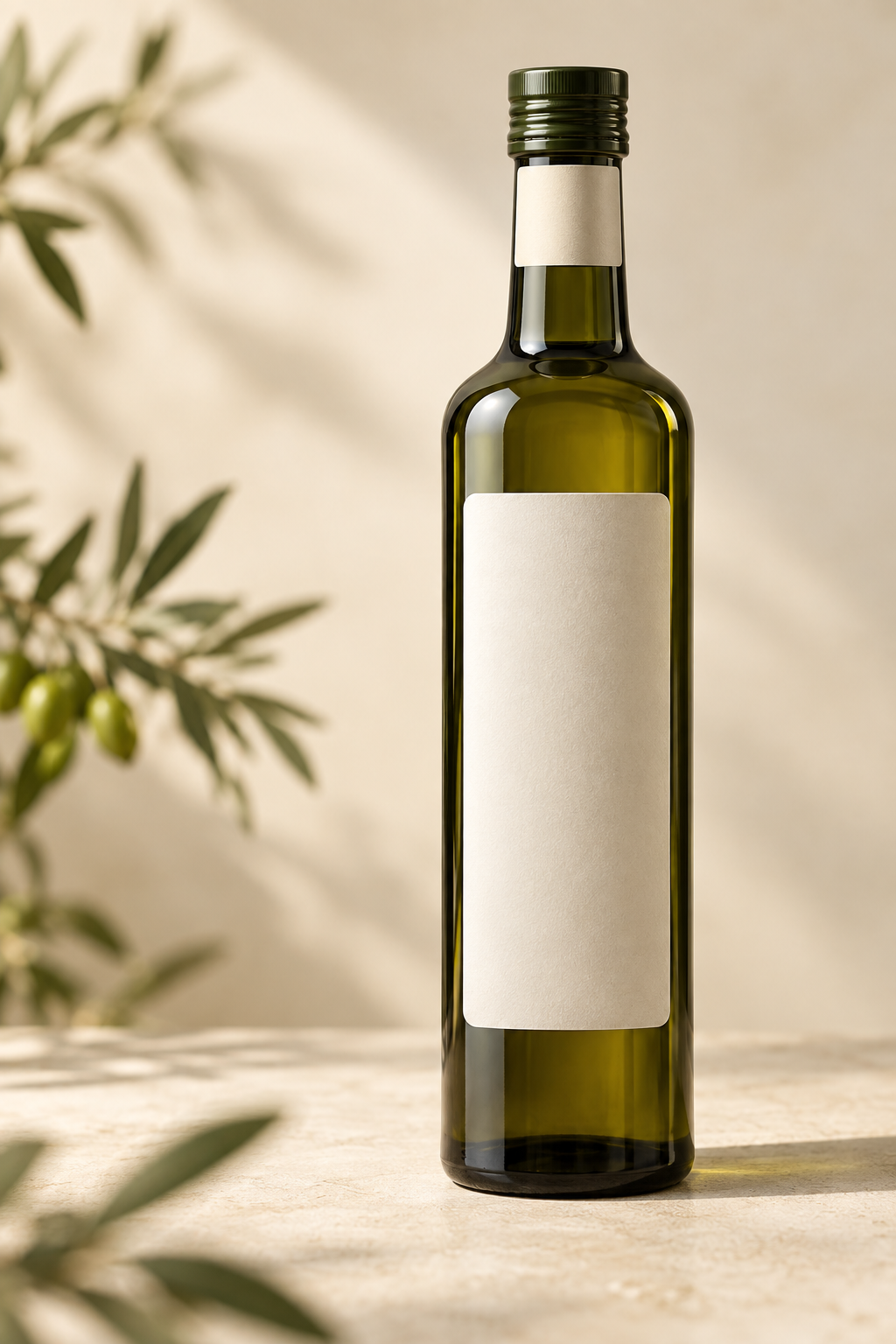 Botella de aceite de oliva virgen extra con una contraetiqueta blanca